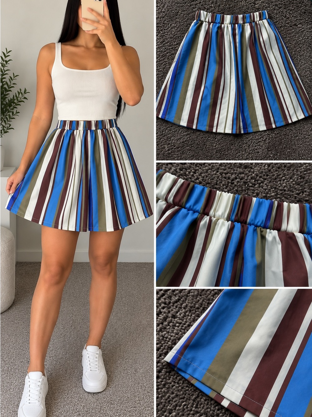Striped A-Line Mini Skirt in Blue, Brown & White